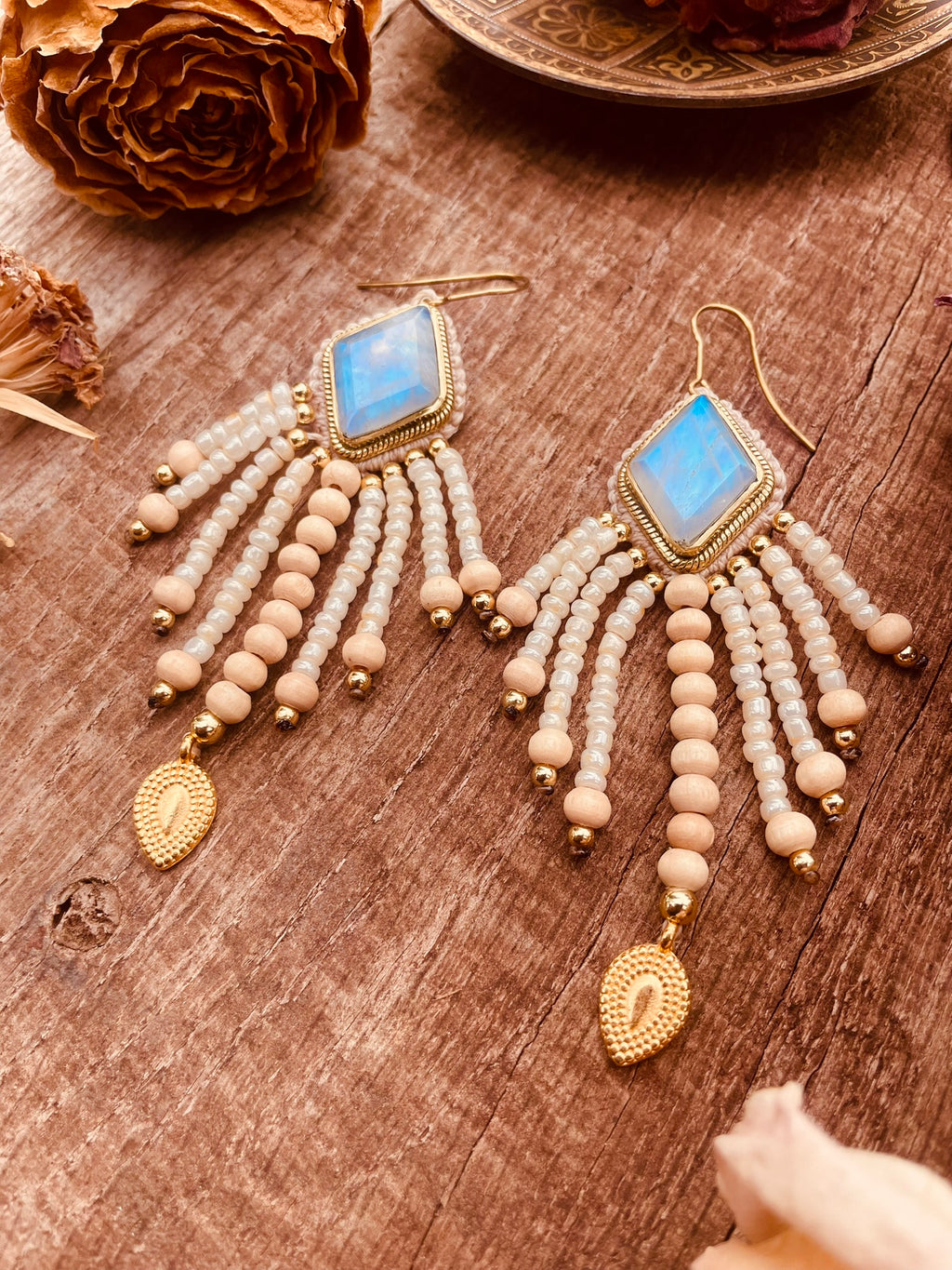Boucles "Léonä" - Blanc et bois
